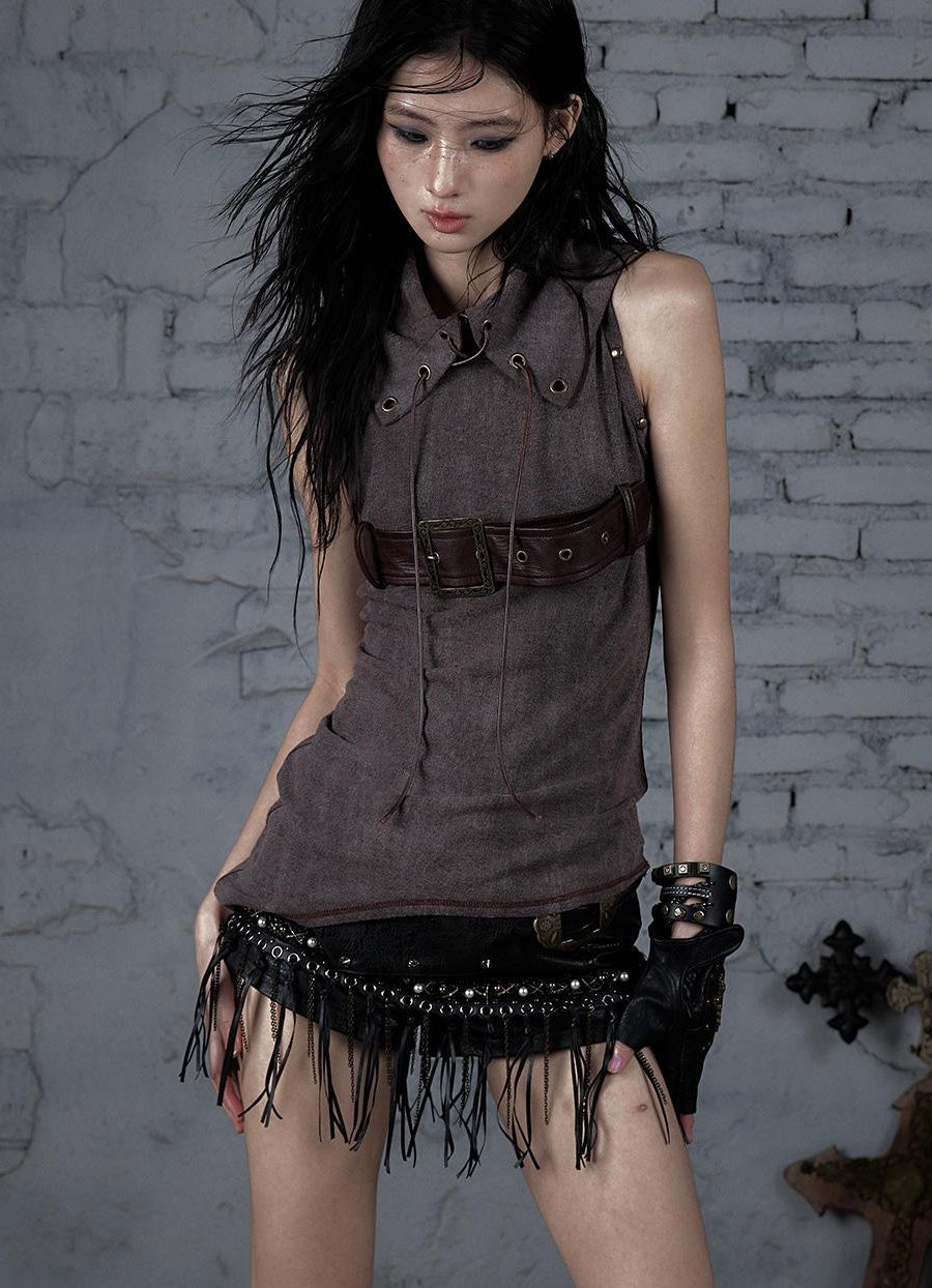 Punk Knit Sleeveless Top with Belt  Lapel Design T-shirt