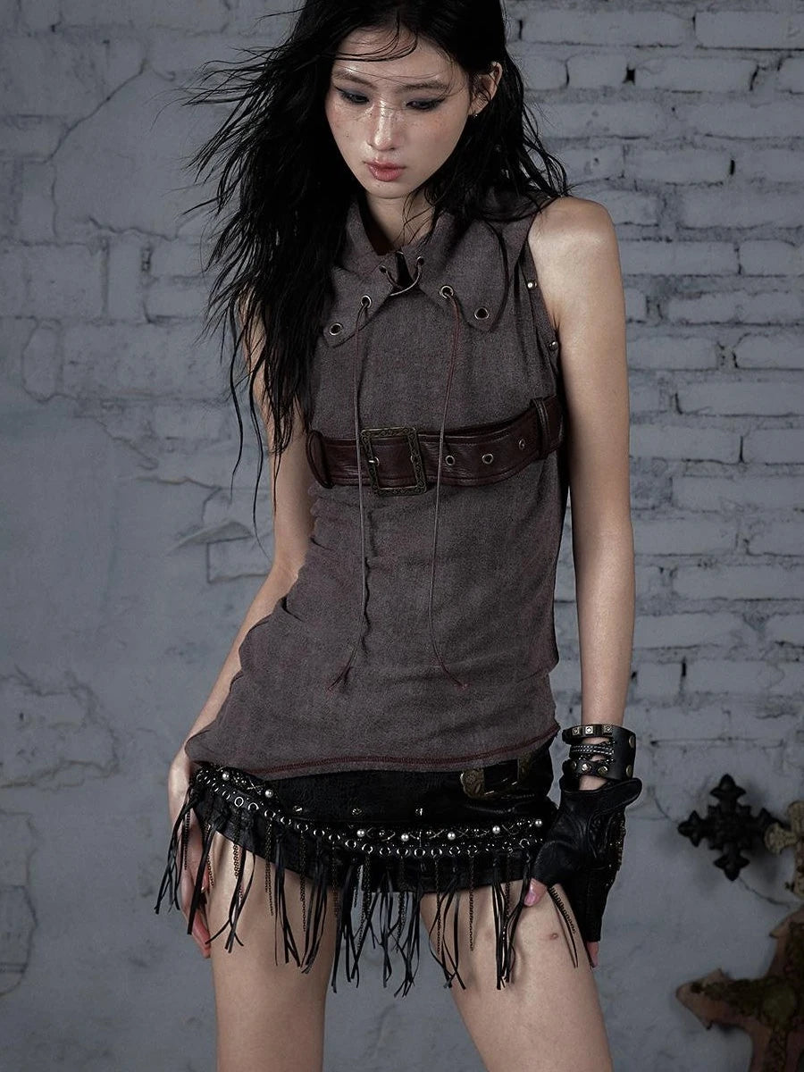 Punk Knit Sleeveless Top With Belt &amp; Lapel Design T-Shirt