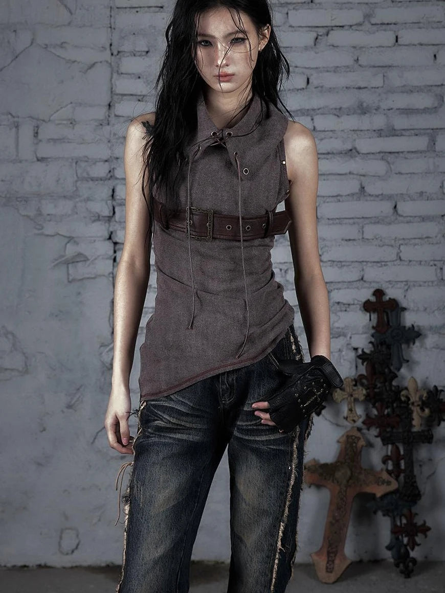 Punk Knit Sleeveless Top With Belt &amp; Lapel Design T-Shirt