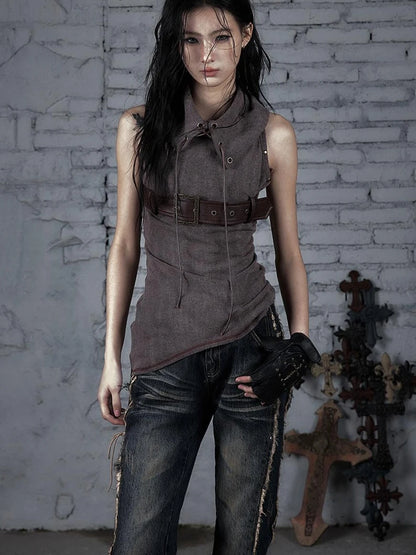 Punk Knit Sleeveless Top With Belt &amp; Lapel Design T-Shirt