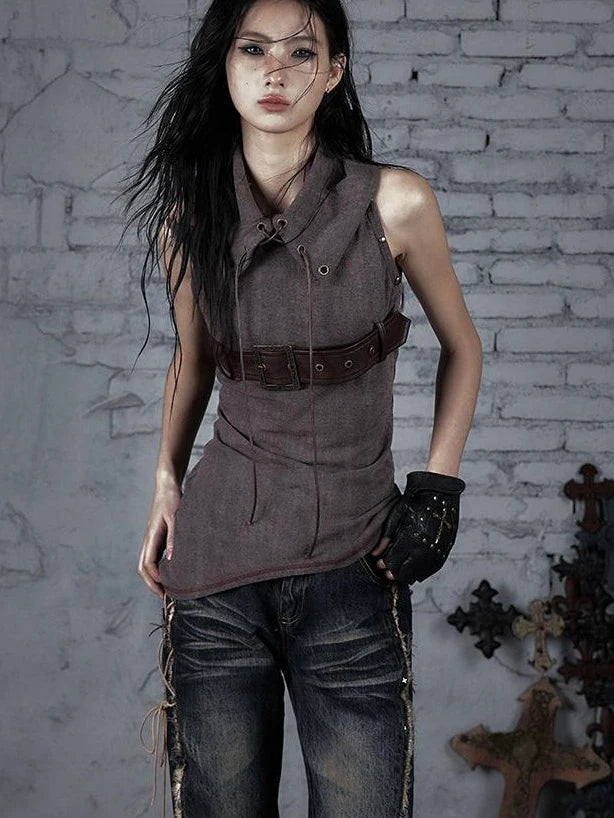 Punk Knit Sleeveless Top With Belt &amp; Lapel Design T-Shirt
