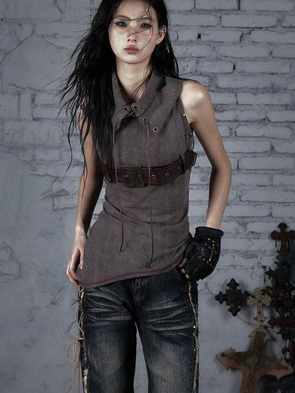 Punk Knit Sleeveless Top With Belt &amp; Lapel Design T-Shirt