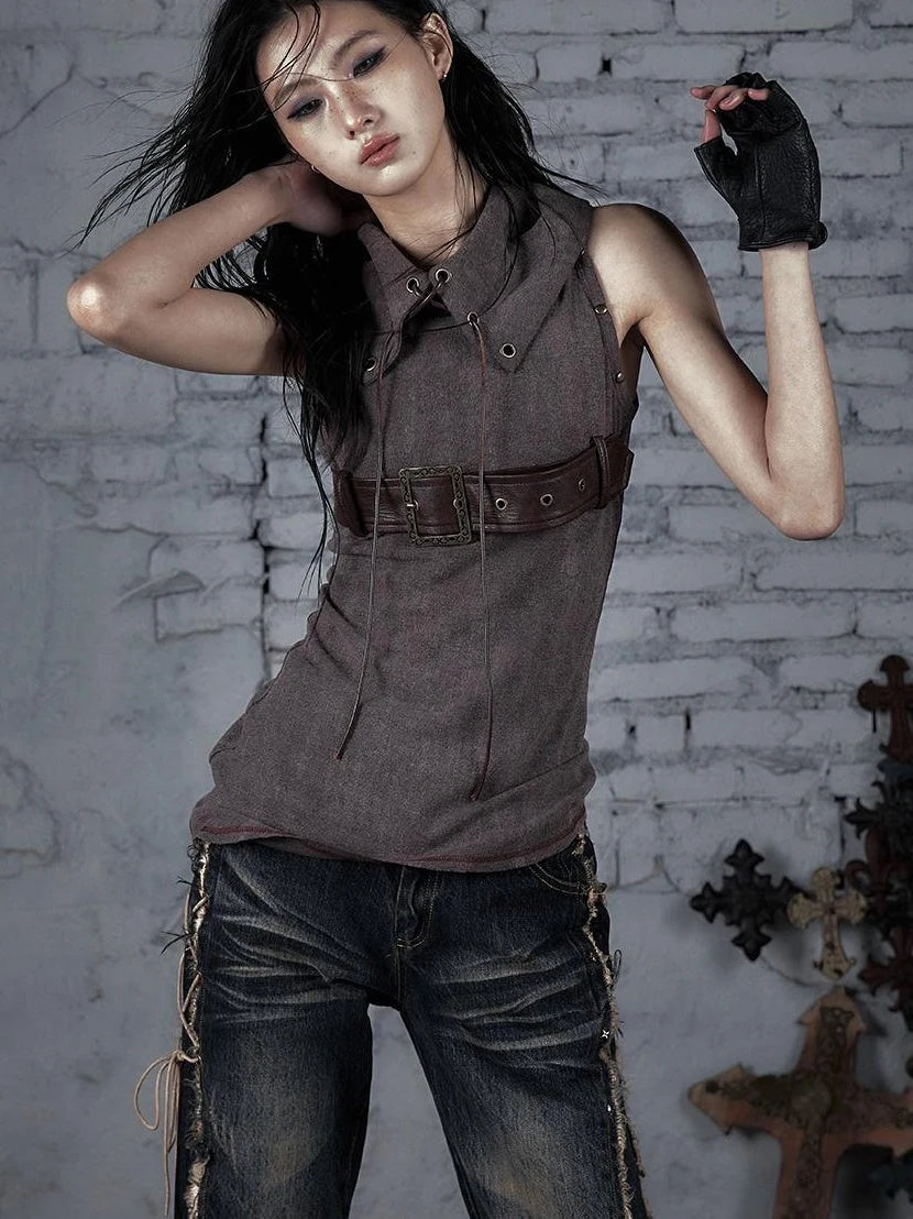 Punk Knit Sleeveless Top With Belt &amp; Lapel Design T-Shirt
