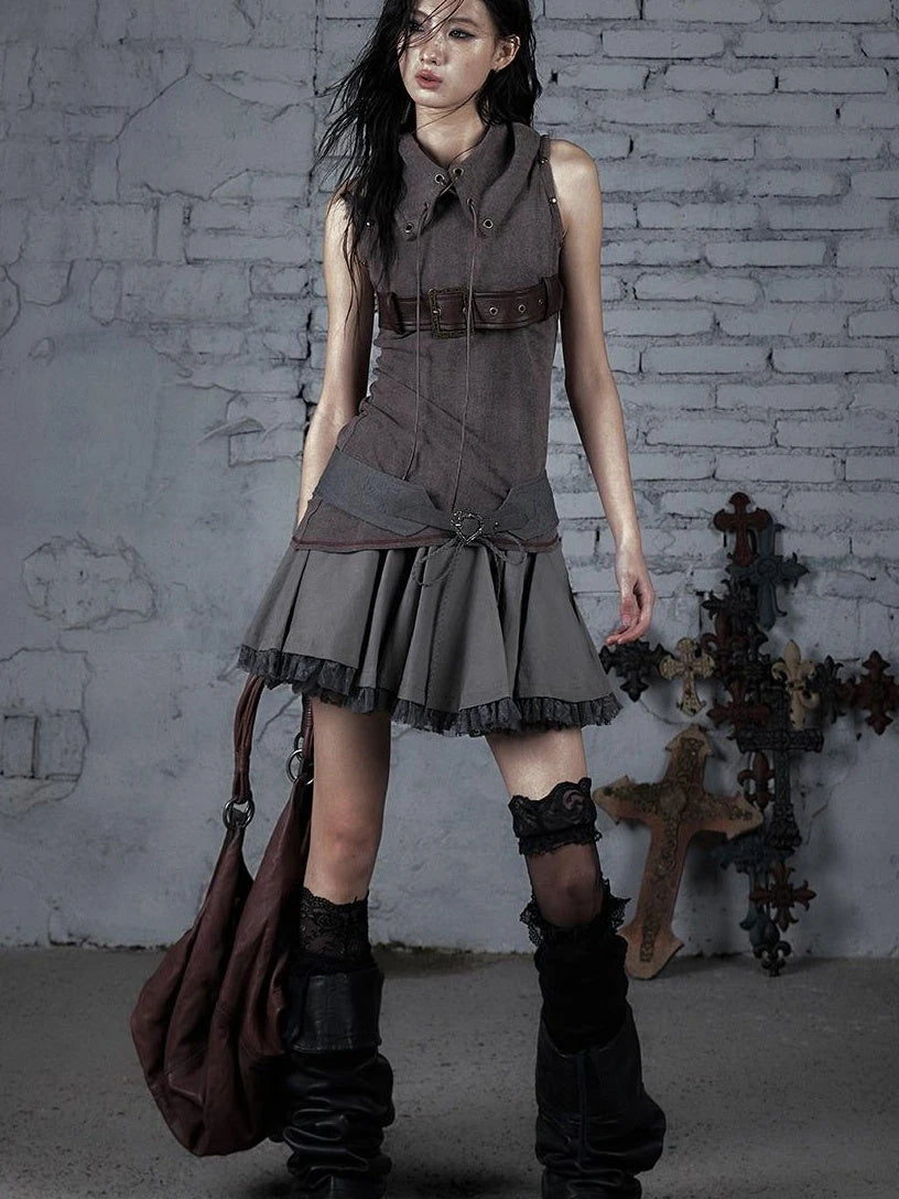 Punk Knit Sleeveless Top With Belt &amp; Lapel Design T-Shirt