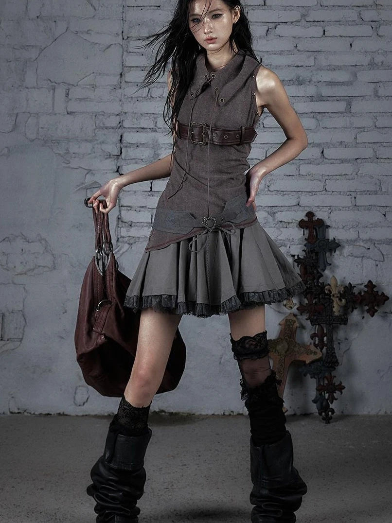 Punk Knit Sleeveless Top With Belt &amp; Lapel Design T-Shirt