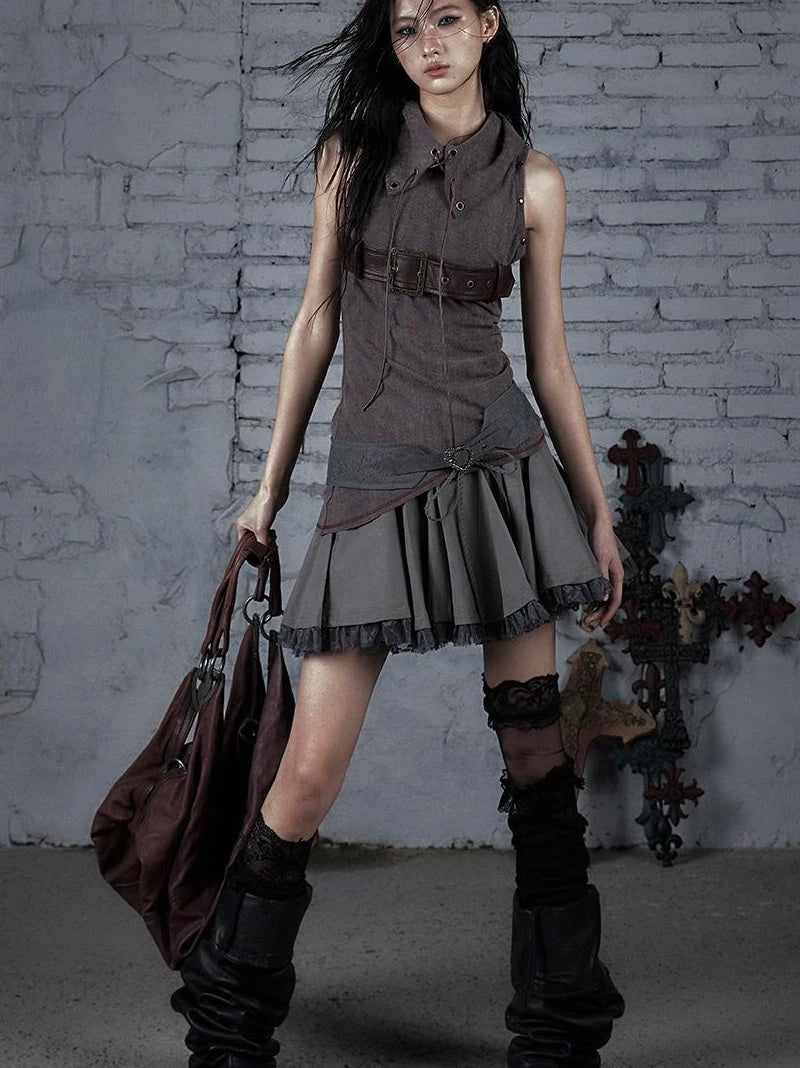 Punk Knit Sleeveless Top With Belt &amp; Lapel Design T-Shirt