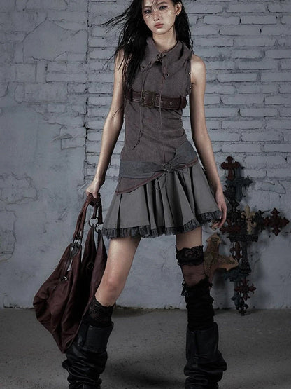 Punk Knit Sleeveless Top With Belt &amp; Lapel Design T-Shirt