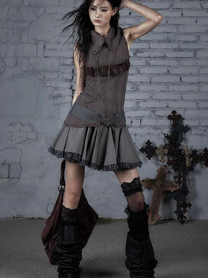 Punk Knit Sleeveless Top With Belt &amp; Lapel Design T-Shirt