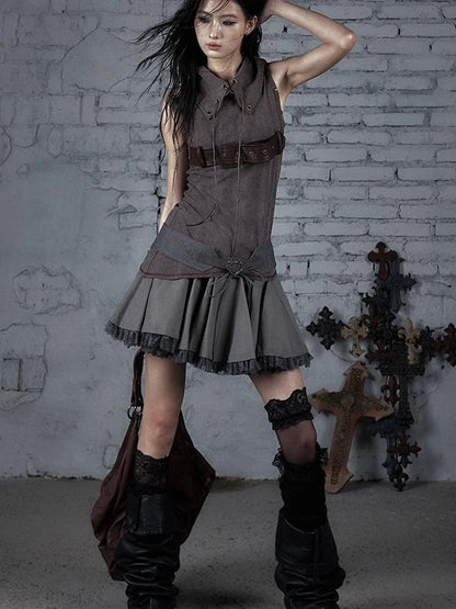 Punk Knit Sleeveless Top With Belt &amp; Lapel Design T-Shirt