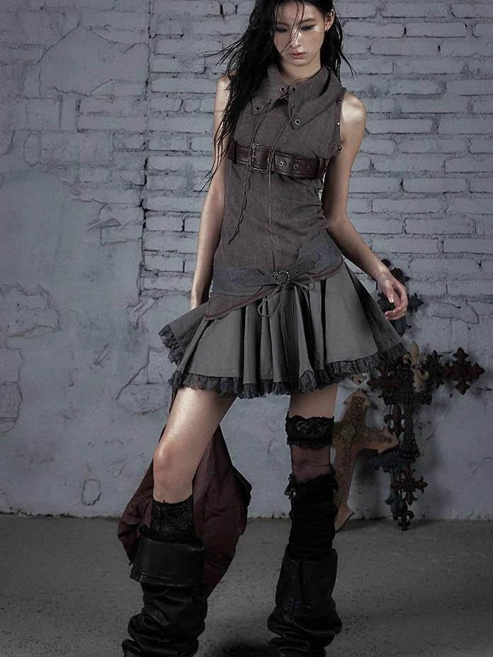 Punk Knit Sleeveless Top With Belt &amp; Lapel Design T-Shirt