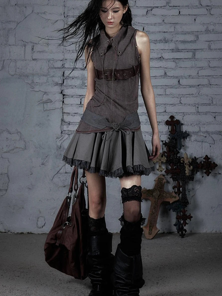 Punk Knit Sleeveless Top With Belt &amp; Lapel Design T-Shirt