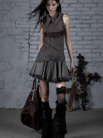 Punk Knit Sleeveless Top With Belt &amp; Lapel Design T-Shirt