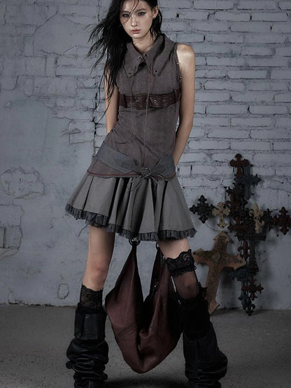 Punk Knit Sleeveless Top With Belt &amp; Lapel Design T-Shirt