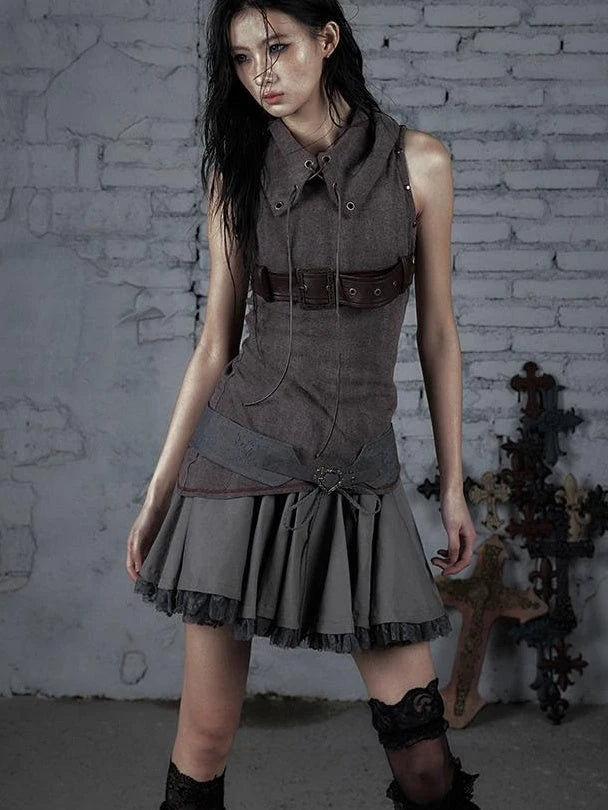 Punk Knit Sleeveless Top With Belt &amp; Lapel Design T-Shirt