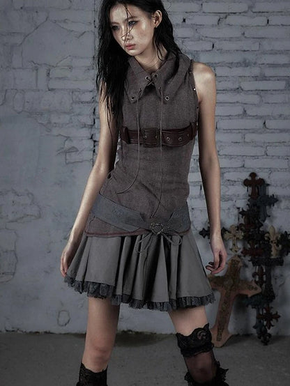 Punk Knit Sleeveless Top With Belt &amp; Lapel Design T-Shirt