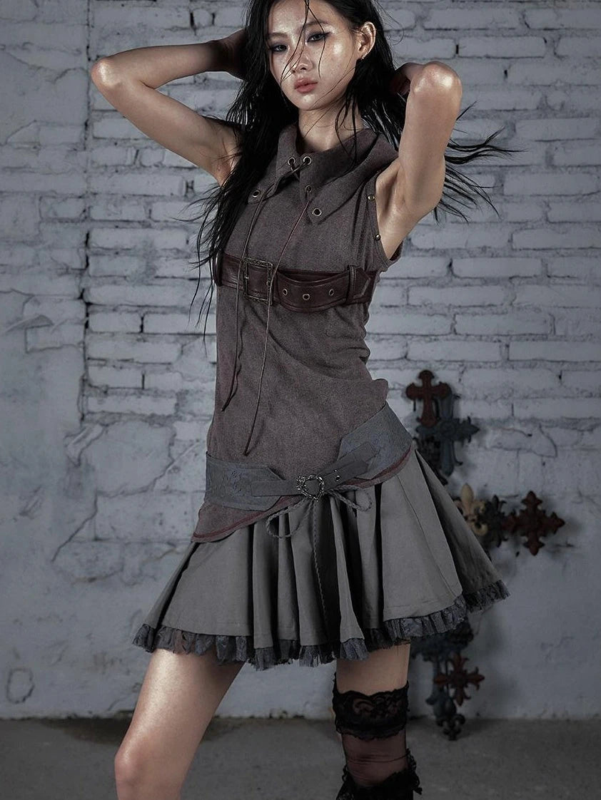 Punk Knit Sleeveless Top With Belt &amp; Lapel Design T-Shirt