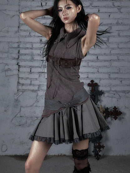 Punk Knit Sleeveless Top With Belt &amp; Lapel Design T-Shirt