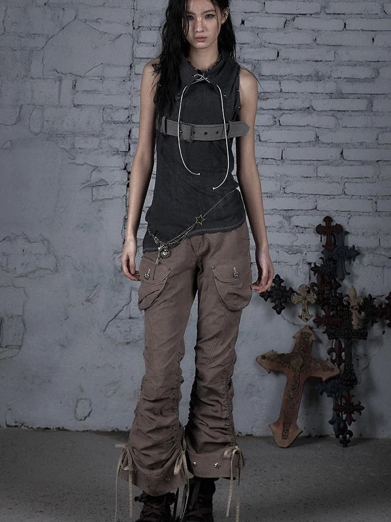 Punk Knit Sleeveless Top With Belt &amp; Lapel Design T-Shirt