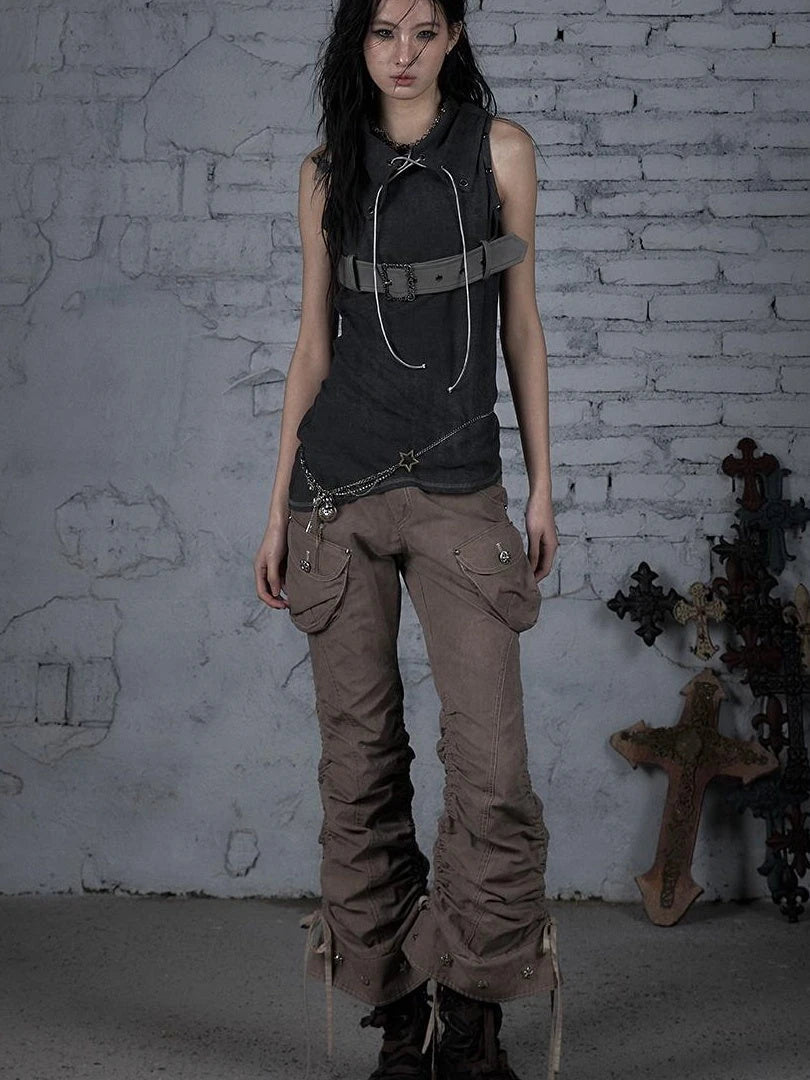 Punk Knit Sleeveless Top With Belt &amp; Lapel Design T-Shirt