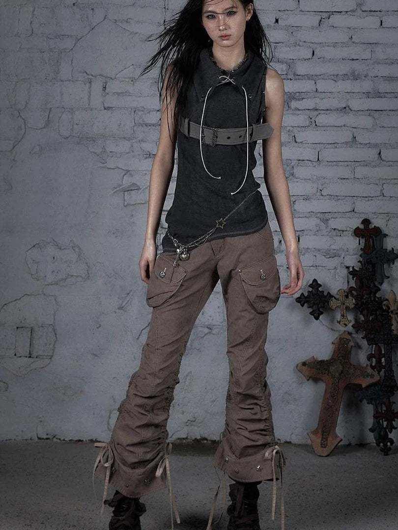 Punk Knit Sleeveless Top With Belt &amp; Lapel Design T-Shirt