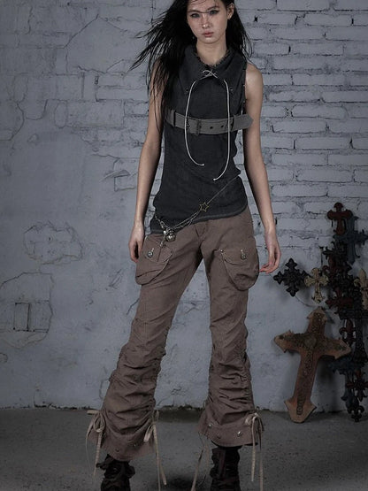 Punk Knit Sleeveless Top With Belt &amp; Lapel Design T-Shirt