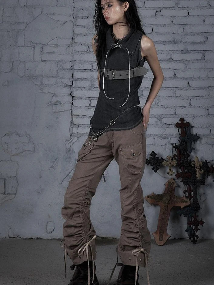 Punk Knit Sleeveless Top With Belt &amp; Lapel Design T-Shirt