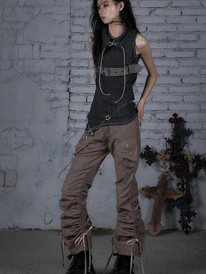 Punk Knit Sleeveless Top With Belt &amp; Lapel Design T-Shirt