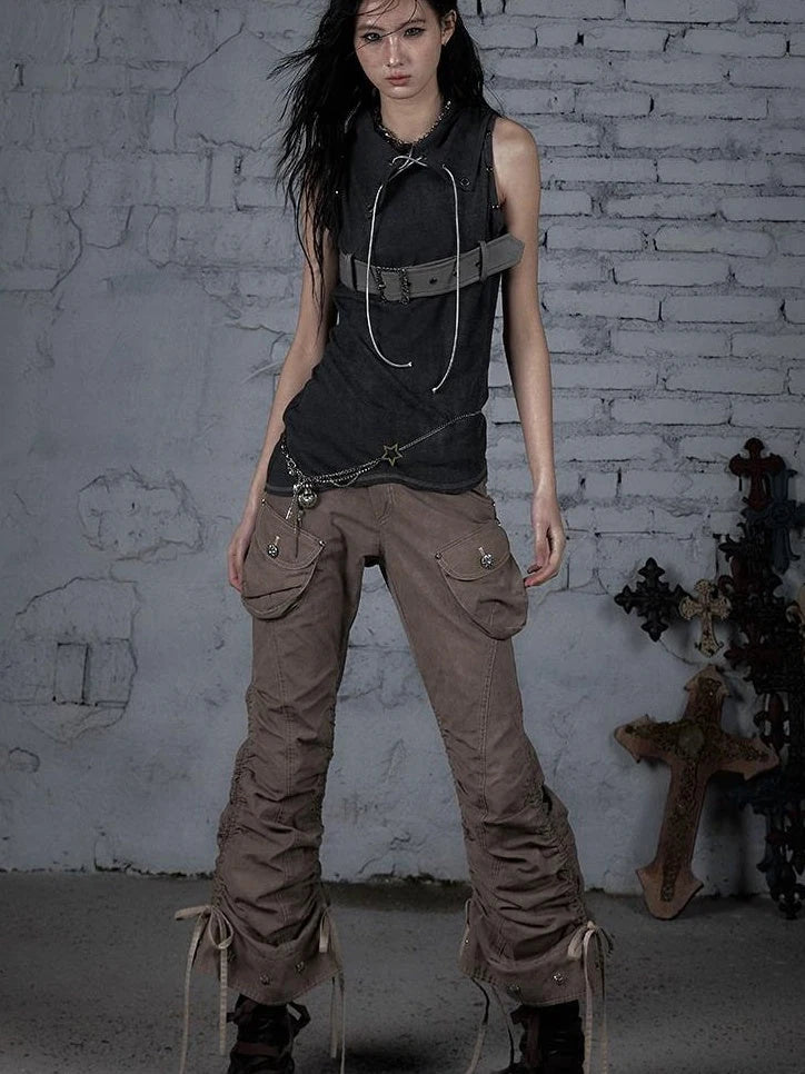 Punk Knit Sleeveless Top With Belt &amp; Lapel Design T-Shirt