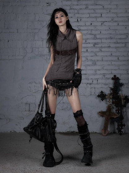 Punk Knit Sleeveless Top With Belt &amp; Lapel Design T-Shirt