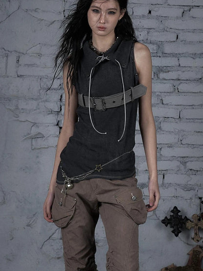 Punk Knit Sleeveless Top With Belt &amp; Lapel Design T-Shirt
