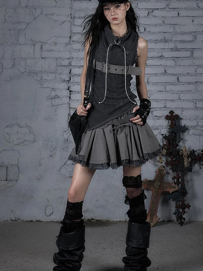 Punk Knit Sleeveless Top With Belt &amp; Lapel Design T-Shirt