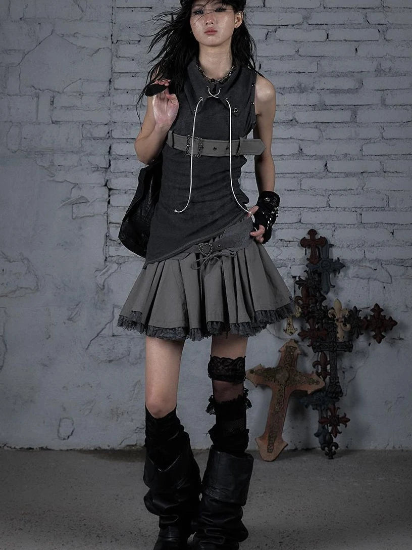 Punk Knit Sleeveless Top With Belt &amp; Lapel Design T-Shirt