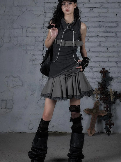 Punk Knit Sleeveless Top With Belt &amp; Lapel Design T-Shirt