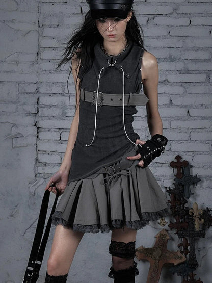 Punk Knit Sleeveless Top With Belt &amp; Lapel Design T-Shirt