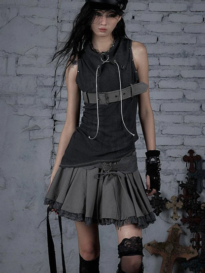 Punk Knit Sleeveless Top With Belt &amp; Lapel Design T-Shirt
