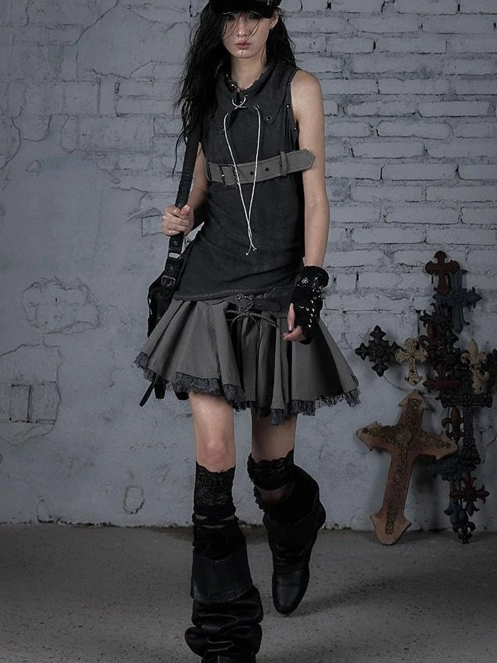 Punk Knit Sleeveless Top With Belt &amp; Lapel Design T-Shirt