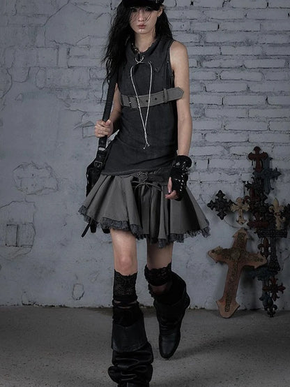 Punk Knit Sleeveless Top With Belt &amp; Lapel Design T-Shirt