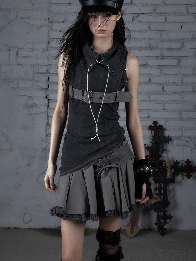 Punk Knit Sleeveless Top with Belt  Lapel Design T-shirt