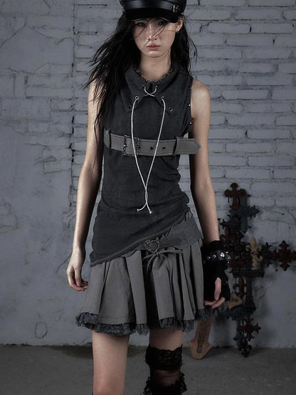 Punk Knit Sleeveless Top With Belt &amp; Lapel Design T-Shirt