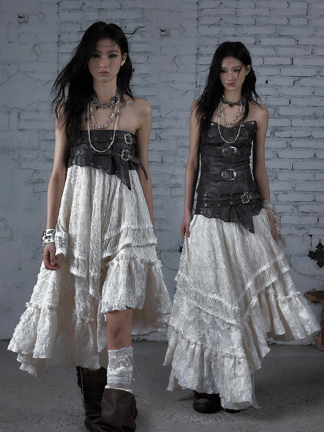 Punk Lace Bustier Skirt Two-Way Wrap Gothic Plaid Dresses