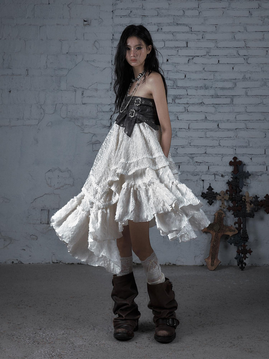 Punk Lace Bustier Skirt Two-Way Wrap Gothic Plaid Dresses