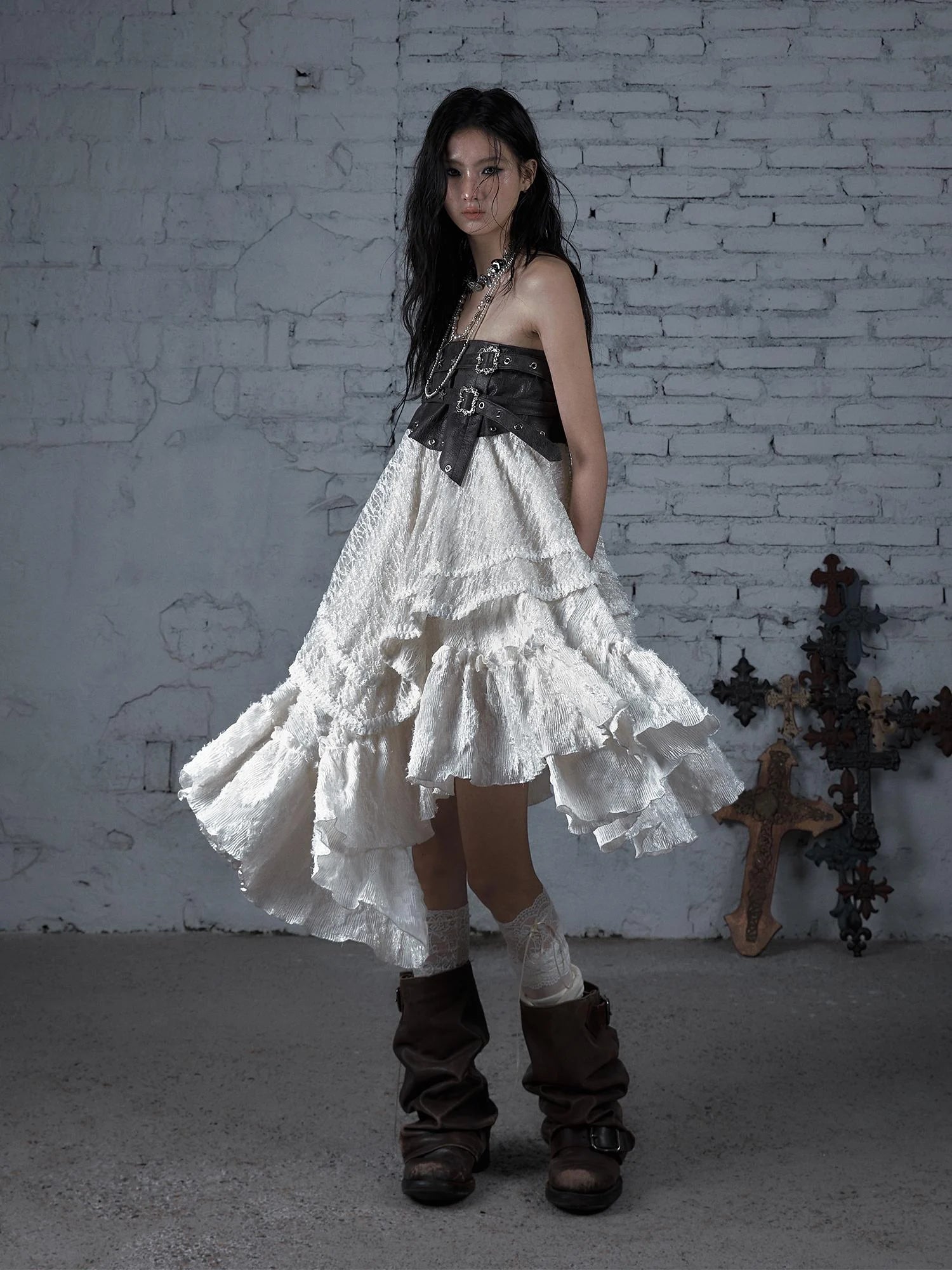 Punk Lace Bustier Skirt Two-Way Wrap Gothic Plaid Dresses