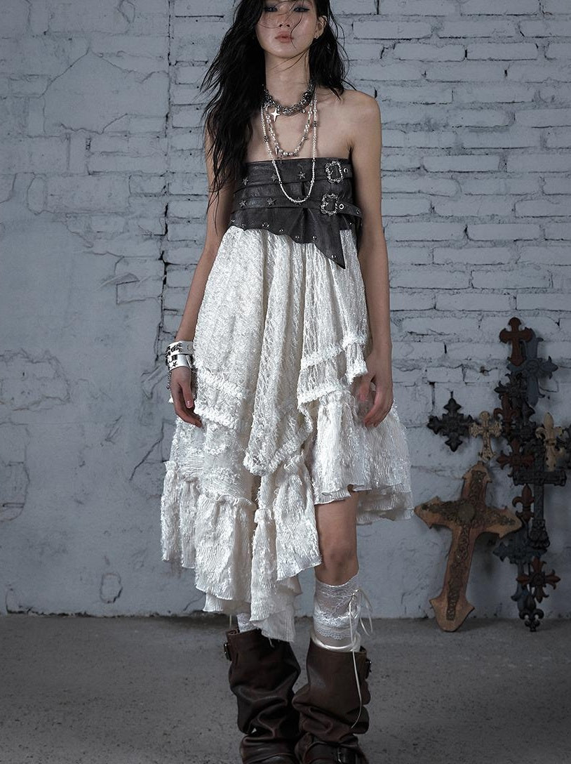 Punk Lace Bustier Skirt Two-Way Wrap Gothic Plaid Dresses