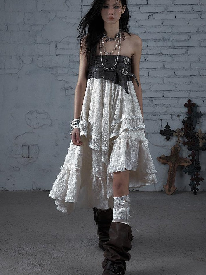 Punk Lace Bustier Skirt Two-Way Wrap Gothic Plaid Dresses