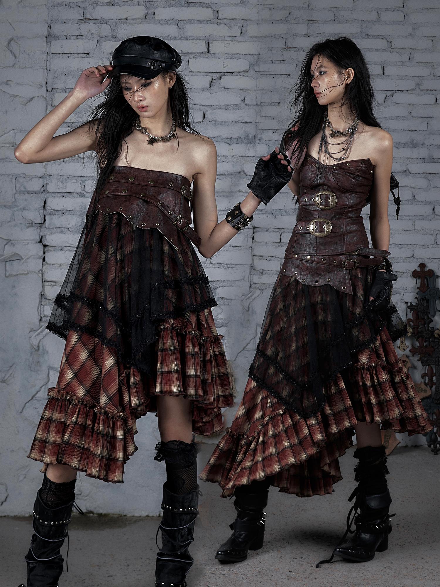 Punk Lace Bustier Skirt Two-Way Wrap Gothic Plaid Dresses