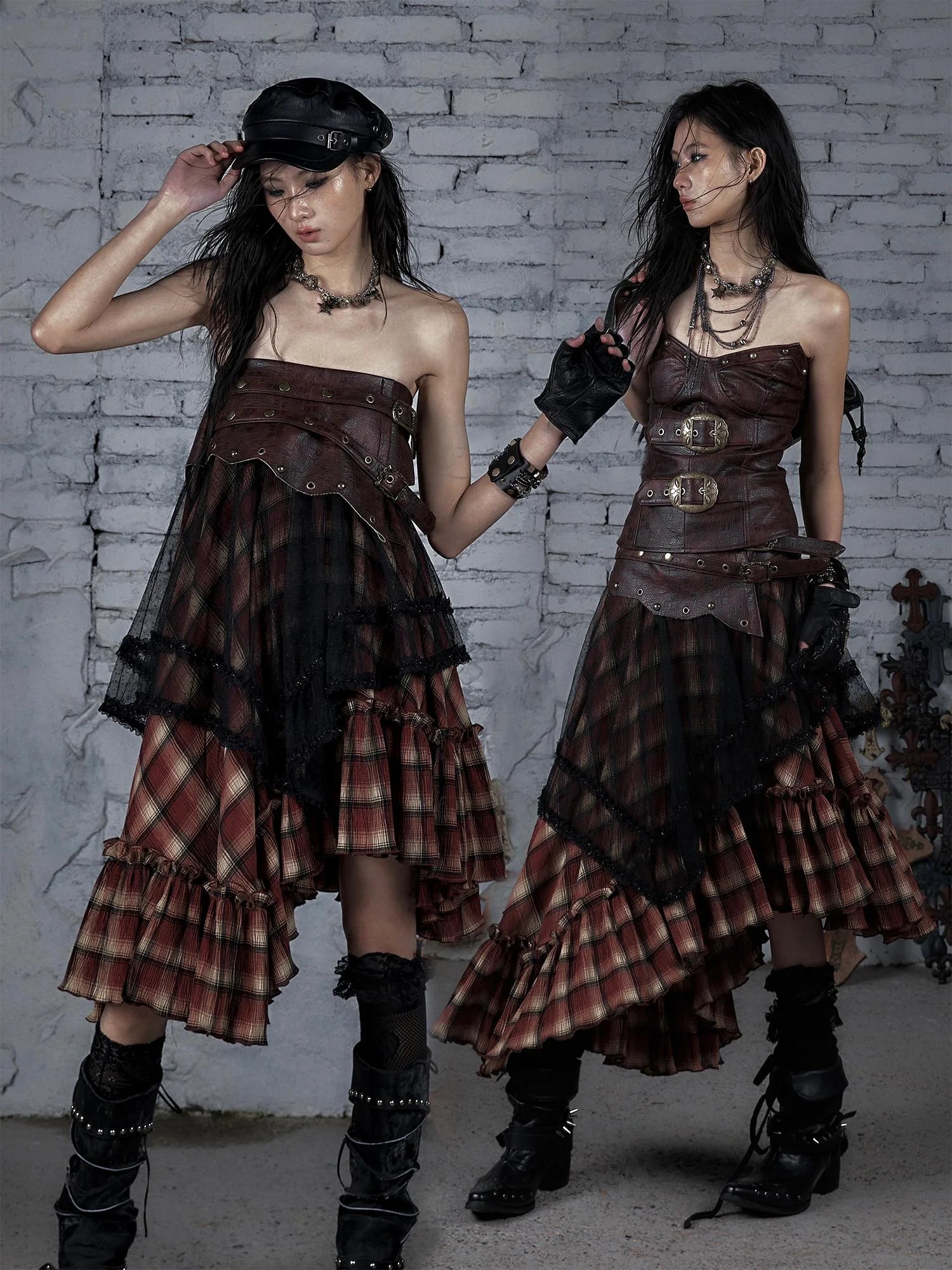 Punk Lace Bustier Skirt Two-Way Wrap Gothic Plaid Dresses