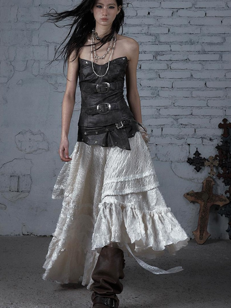 Punk Lace Bustier Skirt Two-Way Wrap Gothic Plaid Dresses