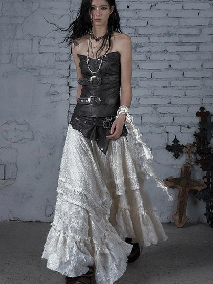 Punk Lace Bustier Skirt Two-Way Wrap Gothic Plaid Dresses