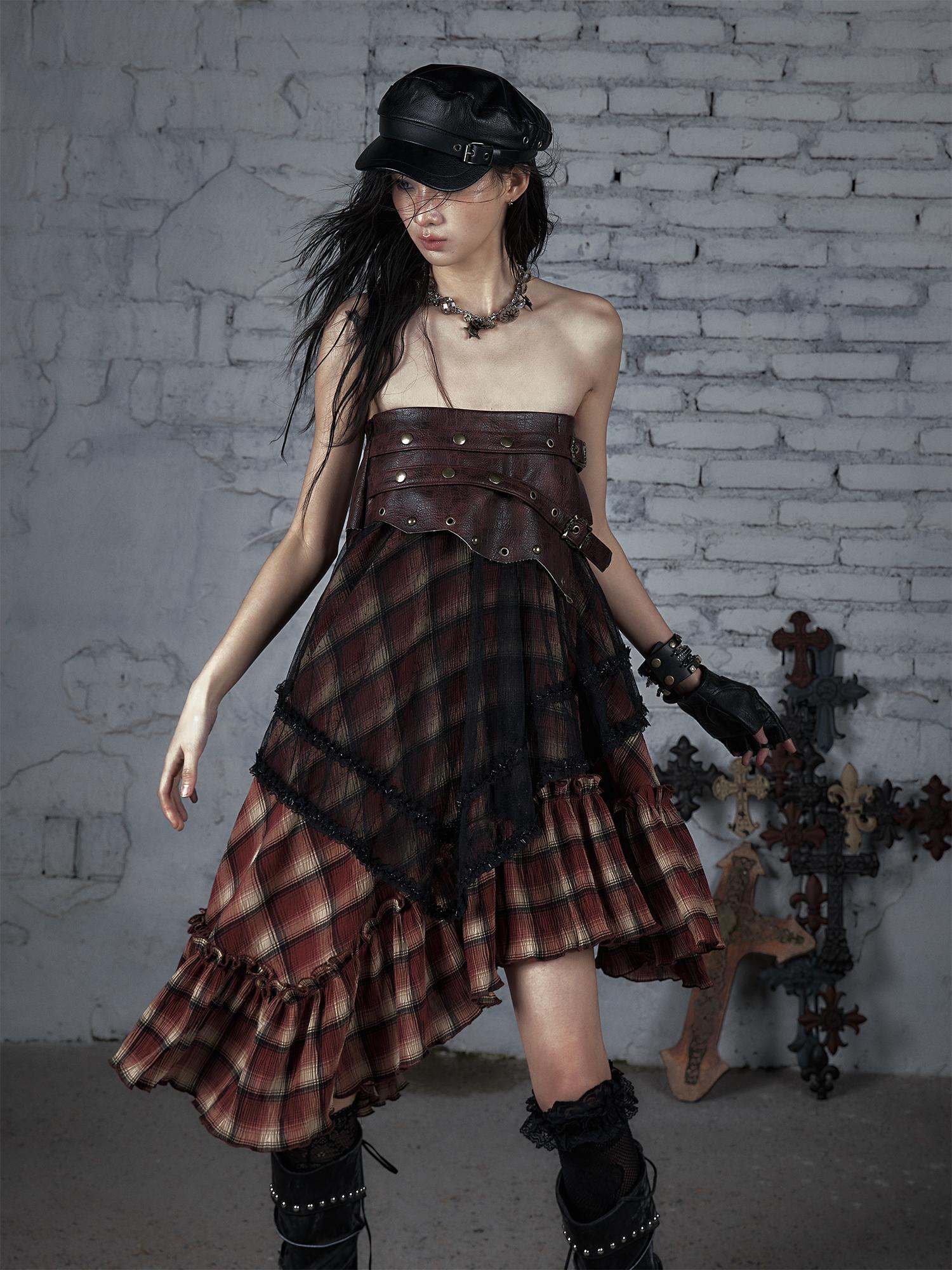 Punk Lace Bustier Skirt Two-Way Wrap Gothic Plaid Dresses
