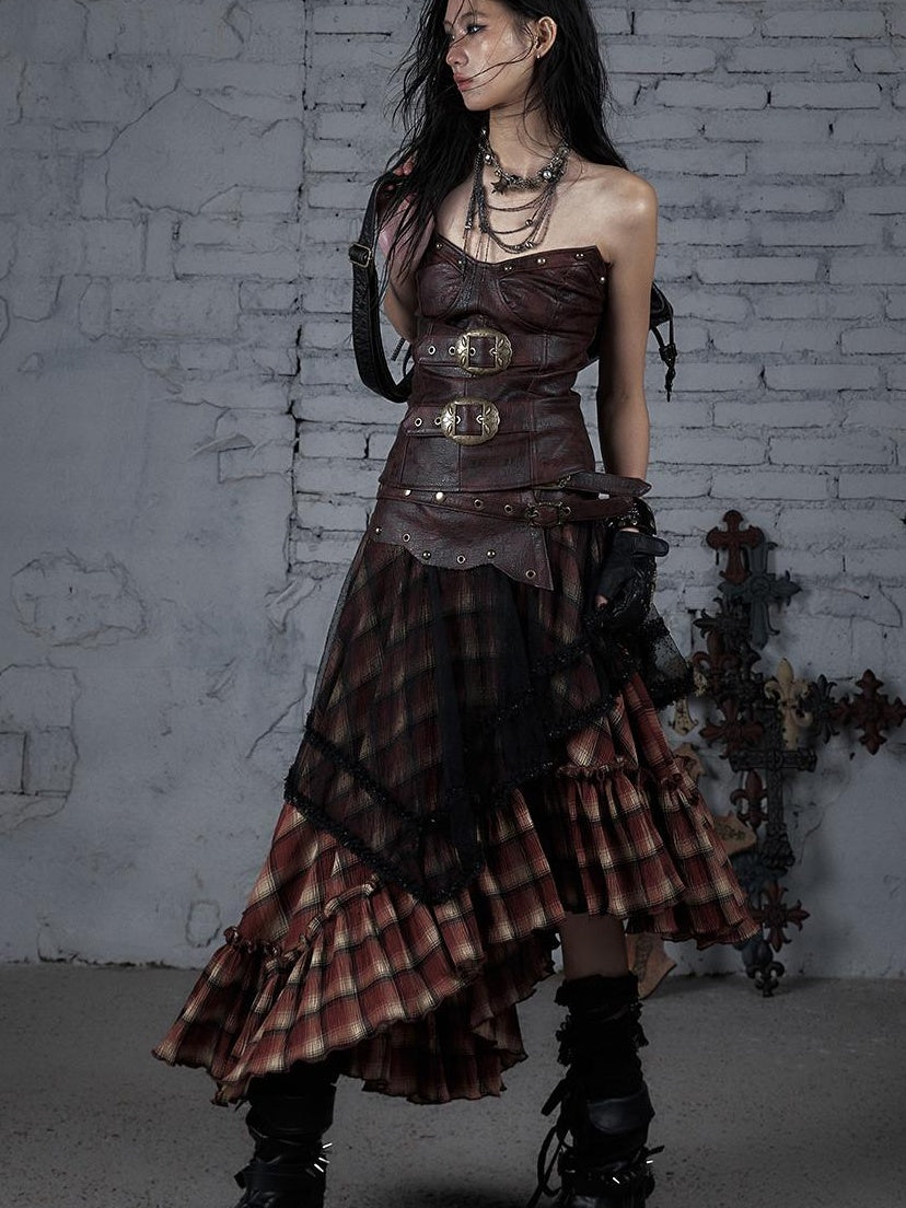 Punk Lace Bustier Skirt Two-Way Wrap Gothic Plaid Dresses